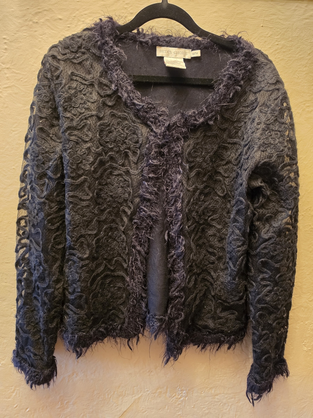 Black Textured Fuzzy Trim Romantic Goth Cardigan Jacket M Betas Choice